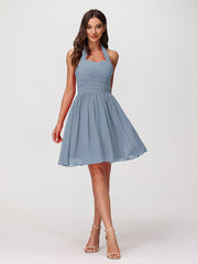 Neckholder Herz-Ausschnitt Chiffon Kurz Kleidses Staubiges Blau