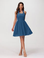 Neckholder Herz-Ausschnitt Chiffon Kurz Kleidses Tinte blau