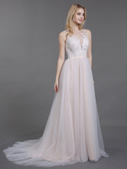 Spitze und Tüll Brautkleid mit Knöpfe Champagner