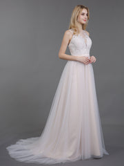 Spitze und Tüll Brautkleid mit Knöpfe Champagner