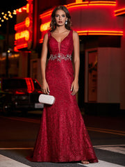 Lang Etui Tiefer V-Ausschnitt Spitze Kleid Burgunderrot