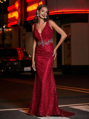 Lang Etui Tiefer V-Ausschnitt Spitze Kleid Burgunderrot