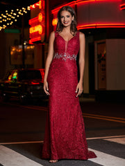 Lang Etui Tiefer V-Ausschnitt Spitze Kleid Burgunderrot