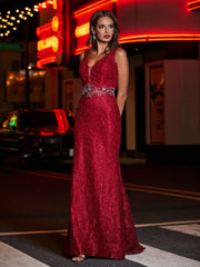 Lang Etui Tiefer V-Ausschnitt Spitze Kleid Burgunderrot