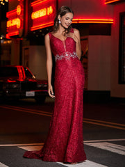 Lang Etui Tiefer V-Ausschnitt Spitze Kleid Burgunderrot