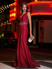 Lang Etui Tiefer V-Ausschnitt Spitze Kleid Burgunderrot