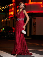 Lang Etui Tiefer V-Ausschnitt Spitze Kleid Burgunderrot