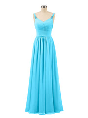 Gefaltet Chiffon Mieder lange Kleider mit Trägers Schwimmbadblau