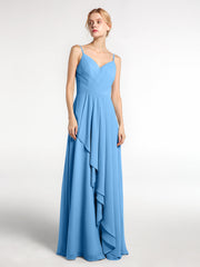Herz-Auschnitt Kleid mit Kaskade und Spaghettiträgern Blau