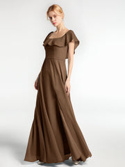 Langes Chiffon-Kleid mit Quadratischem Ausschnitt und Schlitz Vorne Braun