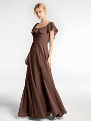 Langes Chiffon-Kleid mit Quadratischem Ausschnitt und Schlitz Vorne Schokolade