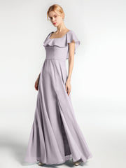 Langes Chiffon-Kleid mit Quadratischem Ausschnitt und Schlitz Vorne Dämmerung