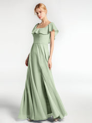 Langes Chiffon-Kleid mit Quadratischem Ausschnitt und Schlitz Vorne Staubiges Salbei