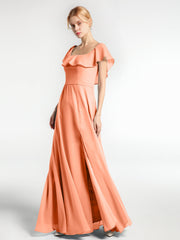 Langes Chiffon-Kleid mit Quadratischem Ausschnitt und Schlitz Vorne Papaya
