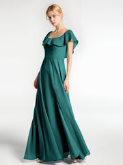 Langes Chiffon-Kleid mit Quadratischem Ausschnitt und Schlitz Vorne Pfau