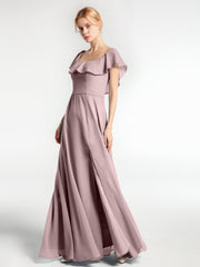 Langes Chiffon-Kleid mit Quadratischem Ausschnitt und Schlitz Vorne Vintage Mauve