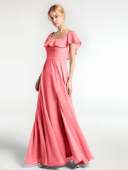 Langes Chiffon-Kleid mit Quadratischem Ausschnitt und Schlitz Vorne Wassermelone