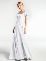 Langes Chiffon-Kleid mit Quadratischem Ausschnitt und Schlitz Vorne Weiß