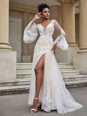 V-Ausschnitt A-Linie Spitze Tüll Brautkleid Als Bild