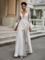 V-Ausschnitt A-Linie Spitze Tüll Brautkleid Als Bild