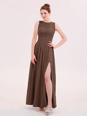 Illusin Neck Spitze und Chiffon Kleid mit Schlitz Schokolade