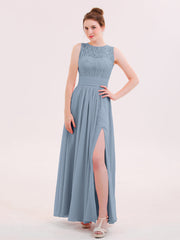 Illusin Neck Spitze und Chiffon Kleid mit Schlitz Staubiges Blau