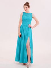 Illusin Neck Spitze und Chiffon Kleid mit Schlitz Jade