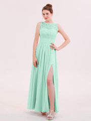 Illusin Neck Spitze und Chiffon Kleid mit Schlitz Minzgrün