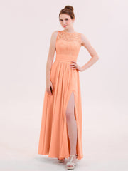 Illusin Neck Spitze und Chiffon Kleid mit Schlitz Papaya