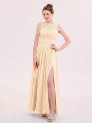 Illusin Neck Spitze und Chiffon Kleid mit Schlitz Pfirsich