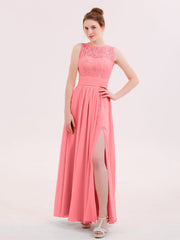 Illusin Neck Spitze und Chiffon Kleid mit Schlitz Wassermelone