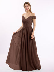 Off-The-Schulter Kleid mit Spitze Ober und Chiffon Unter Schokolade