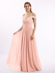 Off-The-Schulter Kleid mit Spitze Ober und Chiffon Unter Koralle