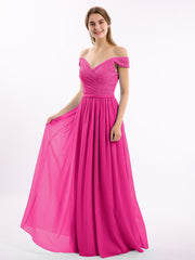 Off-The-Schulter Kleid mit Spitze Ober und Chiffon Unter Fuchsia