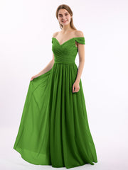 Off-The-Schulter Kleid mit Spitze Ober und Chiffon Unter Moos