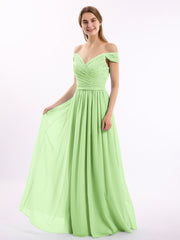 Off-The-Schulter Kleid mit Spitze Ober und Chiffon Unter Salbei