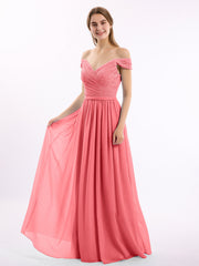 Off-The-Schulter Kleid mit Spitze Ober und Chiffon Unter Wassermelone