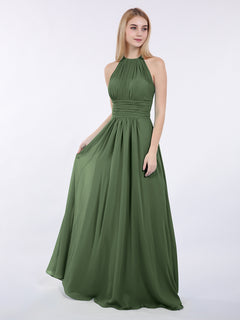 Neckholder Chiffon Maxi Kleid der Brautjungfer Olivgrün