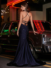 Lang Perlen Offener Rücken Jersey Kleid Dunkelmarine