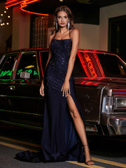 Lang Perlen Offener Rücken Jersey Kleid Dunkelmarine