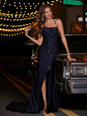 Lang Perlen Offener Rücken Jersey Kleid Dunkelmarine