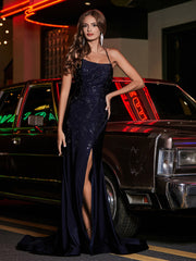 Lang Perlen Offener Rücken Jersey Kleid Dunkelmarine