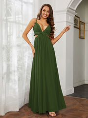 Langes Sexy Kleid mit Spaghettiträgern und Chiffon-Rüschenausschnitt Moos