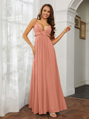 Langes Sexy Kleid mit Spaghettiträgern und Chiffon-Rüschenausschnitt Papaya