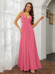 Langes Sexy Kleid mit Spaghettiträgern und Chiffon-Rüschenausschnitt Wassermelone