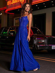 Hoher Schlitz Spitze Oberteil Rücken Perlen Kleid Königsblau