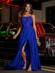 Hoher Schlitz Spitze Oberteil Rücken Perlen Kleid Königsblau