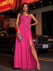 Hoher Schlitz Spitze Oberteil Rücken Perlen Kleid Fuchsia Übergröße
