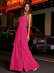 Hoher Schlitz Spitze Oberteil Rücken Perlen Kleid Fuchsia