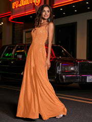 Hoher Schlitz Spitze Oberteil Rücken Perlen Kleid Orange
